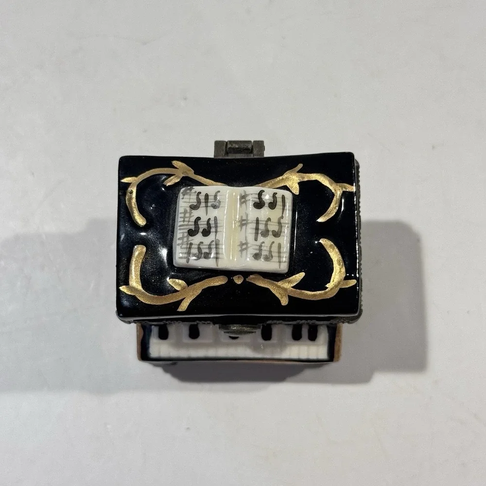 Vintage Miniature Black Piano Ceramic Hinged Lid Trinket Jewelry Keepsake Box
